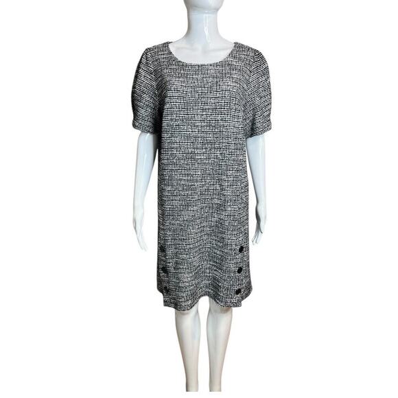 Loft Womens Size 12 Dress Tweed short sleeve Puffed Black Ivory Academia Style - Picture 5 of 10